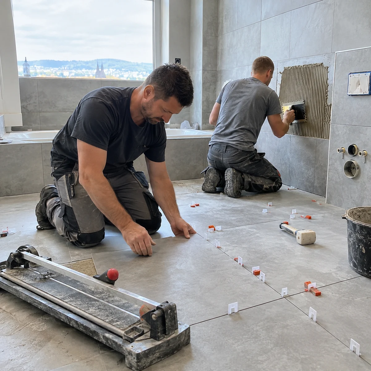Fliesenleger als Symbolbild: Handwerker verlegen Bodenfliesen und tragen Kleber an einer Wand auf