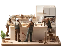 Symbolbild zur Küchenmontage mit Handwerkern an Schränken und Arbeitsflächen