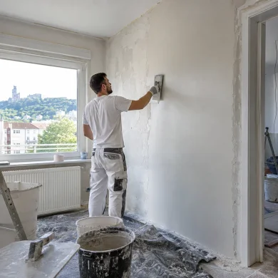 Symbolbild: Ein Handwerker glättet eine Innenwand mit einer Glättkelle